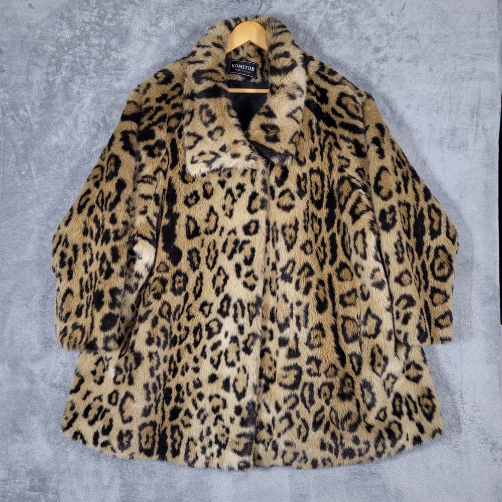 Vintage Komitor Faux Fur Coat Women Leopard Print Union Made USA Brown OS